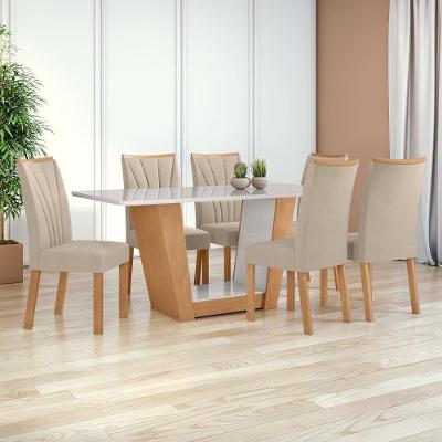 Conjunto de Mesa e Cadeiras Apogeu 6 Lugares Tampo em Vidro Veludo Amêndoa 170CM Móveis Lopas