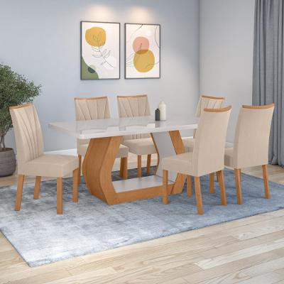 Conjunto Sala de Jantar Easy Tower 6 Lugares Tampo MDF com Vidro Veludo Creme 170CM Móveis Lopas