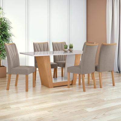 Conjunto de Jantar Apogeu 6 Lugares Tampo em Vidro Suede Animale Amêndoa 170CM Móveis Lopas