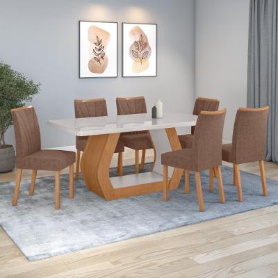 Conjunto Sala de Jantar Easy Tower 6 Lugares Tampo MDF com Vidro Couro Avelã 170CM Móveis Lopas