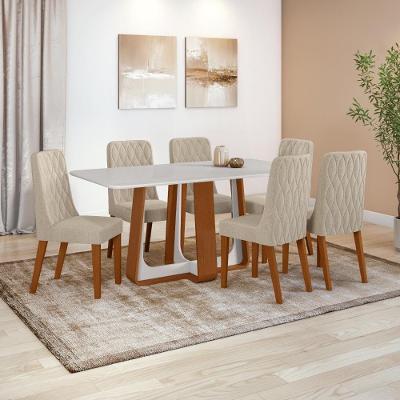 Conjunto Sala de Jantar Easy Pop 6 Lugares Tampo MDF com Vidro Linho Bege 170CM Móveis Lopas