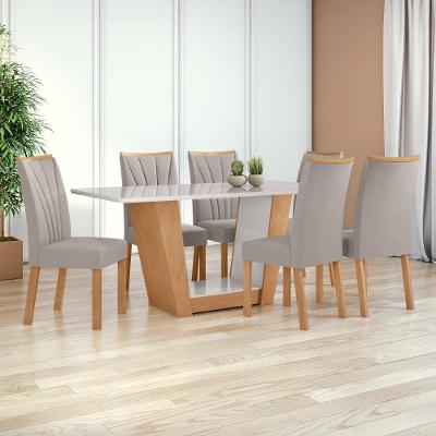 Conjunto de Jantar Apogeu 6 Lugares Tampo MDF com Vidro e Cadeiras Veludo Amêndoa 170CM Móveis Lopas