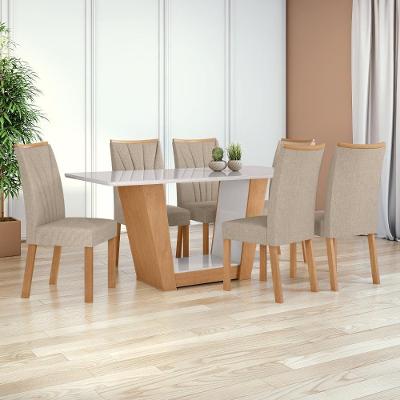 Conjunto Sala de Jantar Apogeu 6 Lugares Tampo MDF Cadeiras Linho Bege Amêndoa 170CM Móveis Lopas