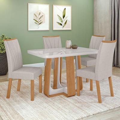 Conjunto de Jantar Easy Pop 4 Lugares Tampo MDF Cadeiras Linho Cinza Amêndoa e Off White 120CM
