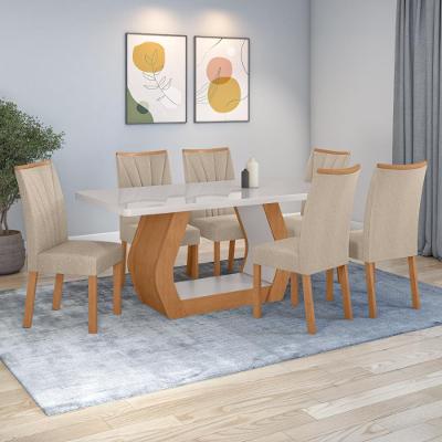 Conjunto Sala de Jantar Easy Tower 6 Lugares Tampo MDF com Vidro Temperado Linho Bege 170CM Móveis