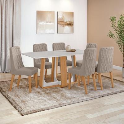 Conjunto Sala de Jantar Easy Pop 6 Lugares Tampo MDF com Vidro Suede Animale Bege Amêndoa Off White