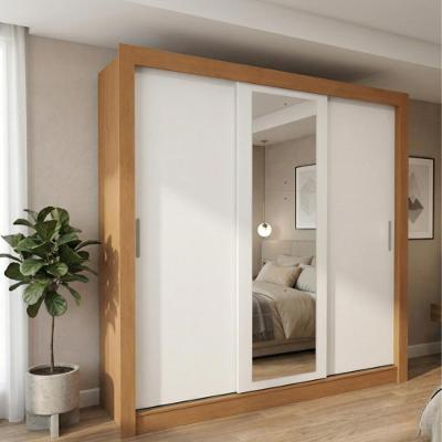 Guarda Roupa Casal Atlas 3 Portas de Correr com Espelho MDP Amêndoa-Branco-Amêndoa Móveis Lopas