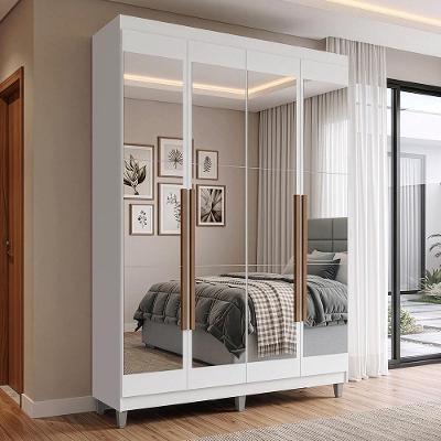 Guarda Roupa Solteiro Venus 4 Portas de Bater com Espelhos MDP Branco-Branco-Rustic Madesa