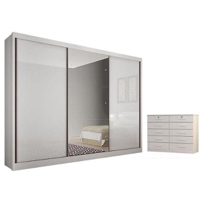 Guarda Roupa Casal Sonetto 3 Portas 4 Gavetas com Espelho Neve com Cômoda Gaveteiro