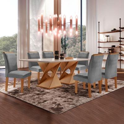 Conjunto Sala de Jantar Genova 6 Lugares Tampo Vidro Cadeiras Veludo Grafite 170CM Cel Móveis