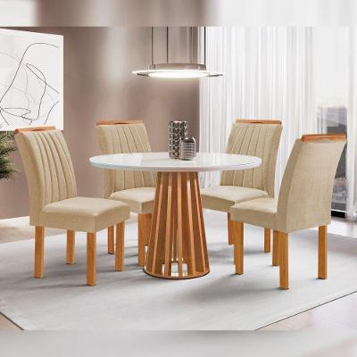 Conjunto Sala de Jantar Kansas 4 Lugares Tampo Vidro Cadeiras Suede Bege 100CM Cel Móveis