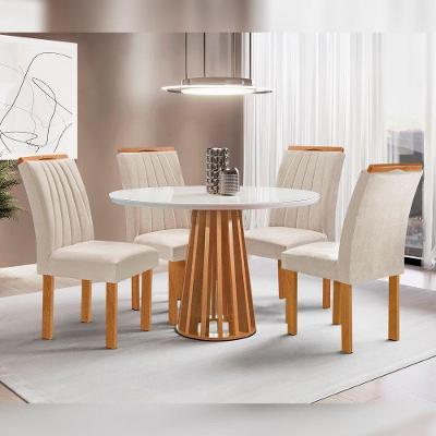 Conjunto Sala de Jantar Kansas 4 Lugares Tampo Vidro Cadeiras Suede Bege 100CM Cel Móveis