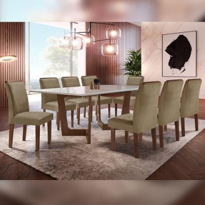 Conjunto Sala De Jantar Nápoles Tampo Vidro Com 8 Cadeiras Chocolate/off W/veludo Bege Escuro