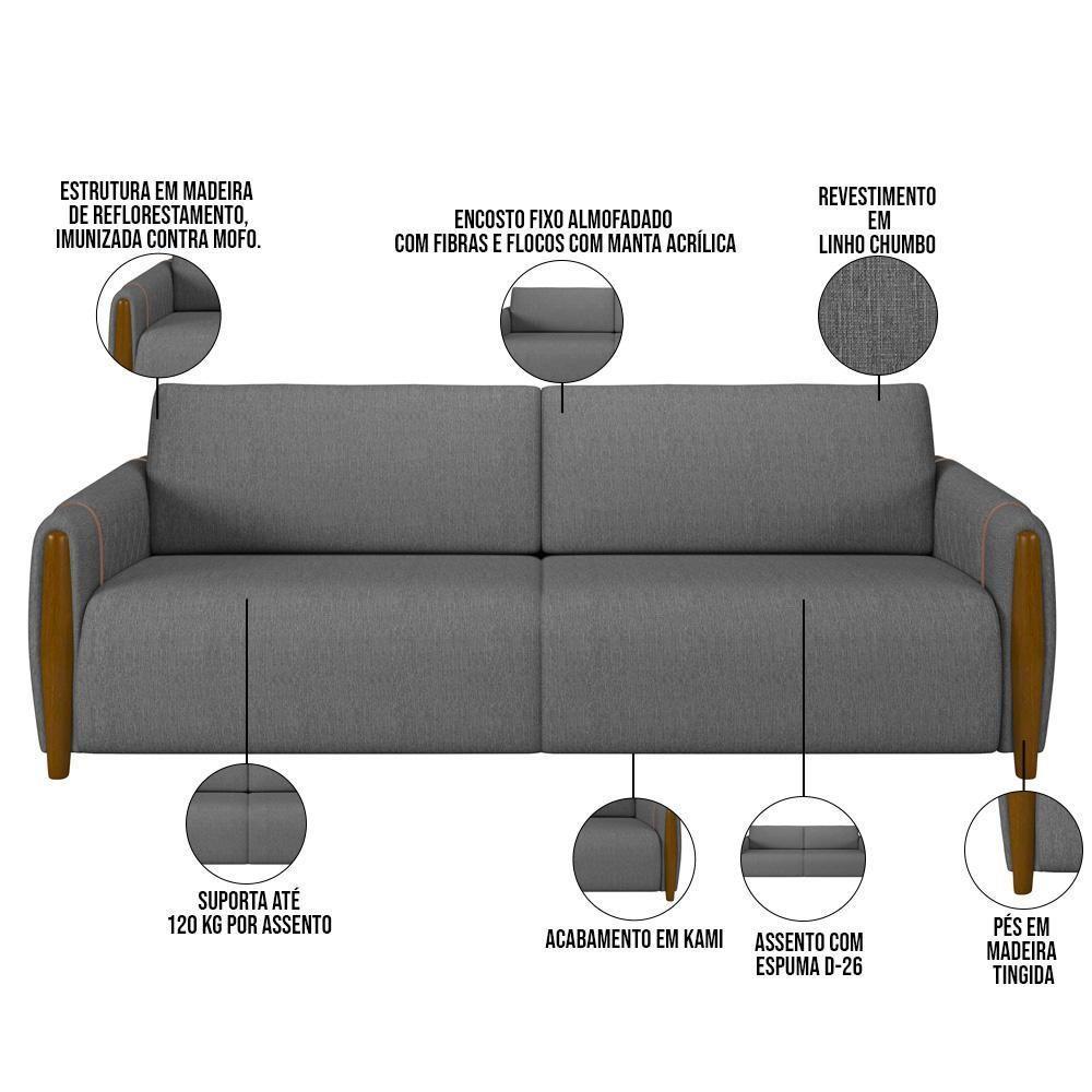 Kit Sofá 3 Lugares 223Cm Com Poltrona Flora M03 Chumbo - 9