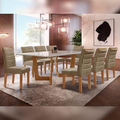 Conjunto Sala de Jantar Napoles 8 Lugares Tampo em Vidro Cadeiras Veludo Bege Escuro 200CM Cel