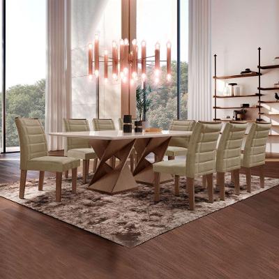 Conjunto Sala de Jantar Genova 8 Lugares Tampo em Vidro Cadeiras Veludo Bege Escuro Marrom 200CM Cel