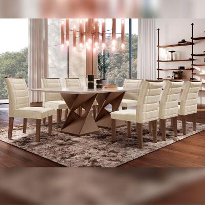 Conjunto Sala de Jantar Genova 8 Lugares Tampo em Vidro Cadeiras Veludo Bege 200CM Cel Móveis