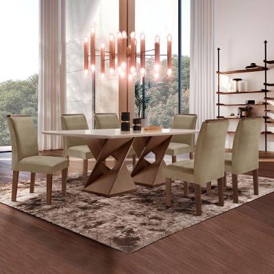 Conjunto Sala de Jantar Genova 6 Lugares Tampo em Vidro Cadeiras Veludo Bege Escuro 170CM Cel Móveis