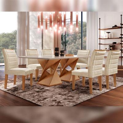 Conjunto Sala de Jantar Genova 6 Lugares Tampo em Vidro Cadeiras Veludo Bege 170CM Cel Móveis