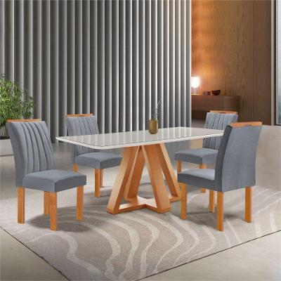 Conjunto de Jantar Kyra 4 Lugares Tampo em Vidro Suede Veludo Cinza 120CM Cel Móveis