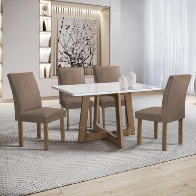 Conjunto de Jantar Arizona 4 Lugares Tampo em Vidro com Cadeiras Veludo Bege Escuro 120CM Cel Móveis