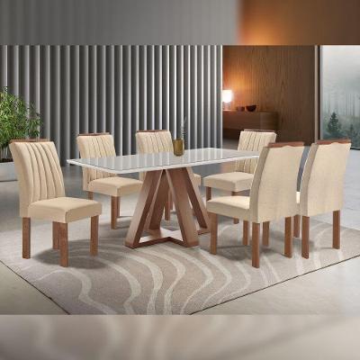 Conjunto de Jantar Kyra 6 Lugares Tampo em Vidro com Cadeiras Suede Bege 170CM Cel Móveis