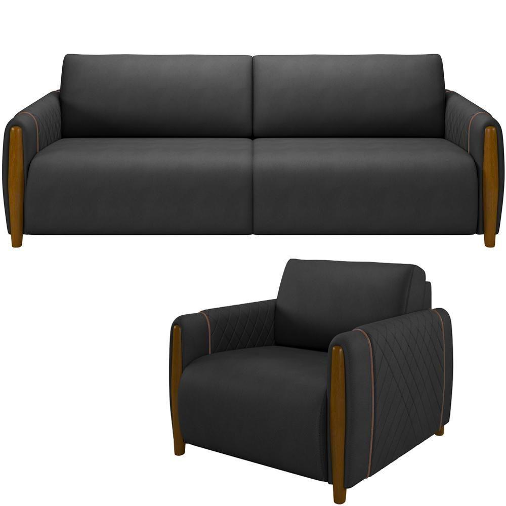 Kit Sofá 3 Lugares 223 Com Poltrona Flora M03 Preto - 1