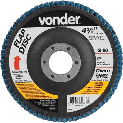 Flap-Disc Cônico Desbaste e Acabamento Grão 60 115MM Furo 22,23MM Vonder 1224412061