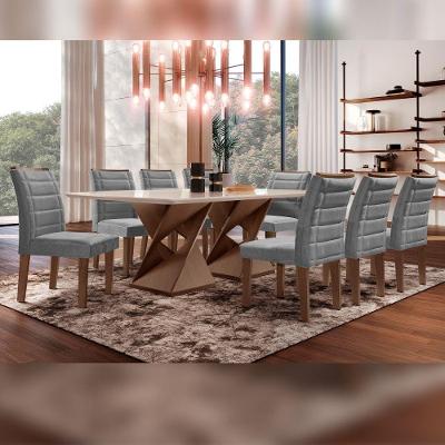 Conjunto Sala De Jantar Tampo Vidro Com 8 Cadeiras Chocolate/off White/veludo Grafite