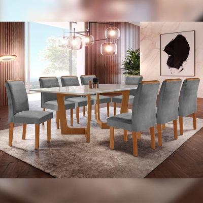 Conjunto Sala de Jantar Nápoles 8 Lugares Tampo em Vidro com Cadeiras Veludo Grafite Cel Móveis