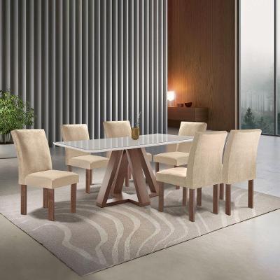 Conjunto Sala de Jantar Kyra 6 Lugares Tampo Vidro Suede Bege 170CM Cel Móveis