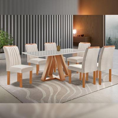 Conjunto Sala de Jantar Kyra 6 Lugares Tampo Vidro Cadeiras Veludo Bege 170CM Cel Móveis
