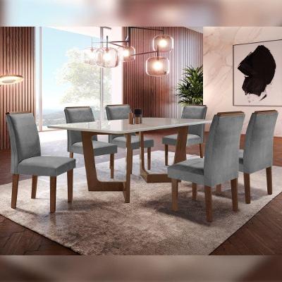 Conjunto Sala de Jantar Napoles 6 Lugares Tampo em Vidro com Cadeiras Veludo Grafite Cel Móveis