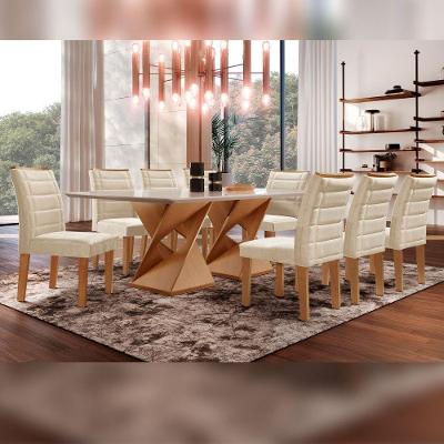 Conjunto Sala de Jantar Genova 8 Lugares Tampo em Vidro Cadeiras Veludo Bege 200CM Cel Móveis