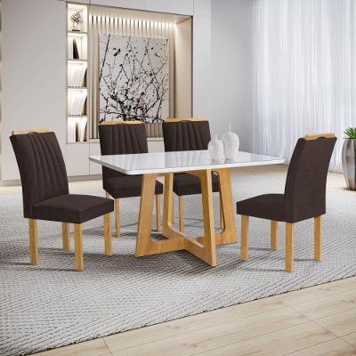 Conjunto Sala de Jantar Arizona 4 Lugares Tampo em Vidro com Cadeiras Veludo Marrom 120CM Cel Móveis