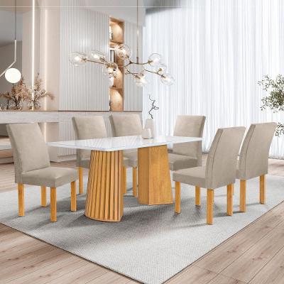 Conjunto de Jantar Stella 6 Lugares Tampo Vidro Cadeiras Veludo Bege 170CM Cel Móveis