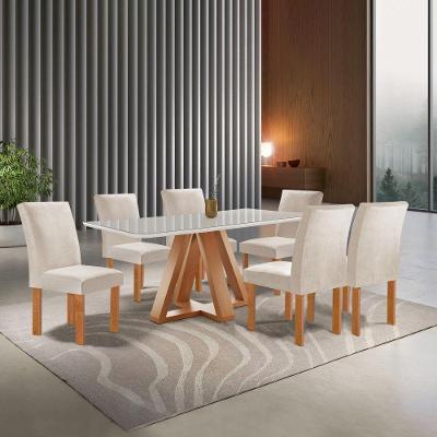 Conjunto de Jantar Kyra 6 Lugares Tampo em Vidro com Cadeiras Suede Bege 170CM Cel Móveis