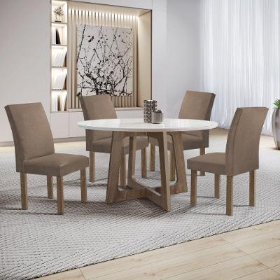 Conjunto de Jantar Arizona 4 Lugares Tampo Vidro com Cadeiras Veludo Bege 120CM Cel Móveis