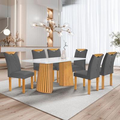 Conjunto de Jantar Stella 6 Lugares Tampo em Vidro com Cadeiras em Veludo Off White 170CM Cel Móveis