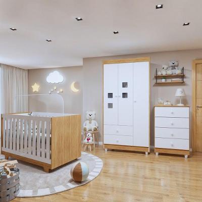 Quarto de Bebê Completo Life com Guarda Roupa 3 Portas Cômoda e Berço Mini Cama MDF Branco Tigus