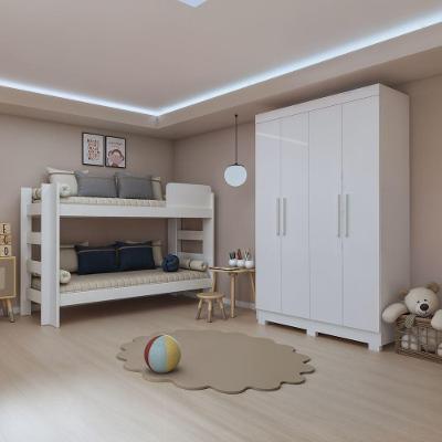 Quarto Infantil Théo com Beliche e Guarda Roupa 4 Portas MDF Marrom