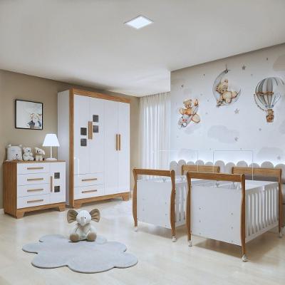 Quarto de Bebê Gael 2 Bercos 1 Guarda Roupa 1 Cômoda 6 Gavetas 4 Portas MDF Branco Tigus Móveis