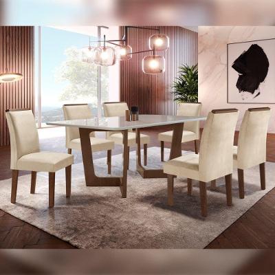Conjunto Sala de Jantar Napoles 6 Lugares Tampo em Vidro Cadeiras Veludo Bege 170CM Cel Móveis