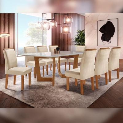 Conjunto Sala De Jantar Nápoles Tampo Vidro Com 8 Cadeiras Cinamomo/off White/veludo Bege