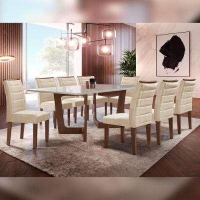 Conjunto Sala de Jantar Napoles 8 Lugares Tampo em Vidro Cadeiras Veludo Bege 200CM Cel Móveis