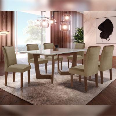 Conjunto Sala de Jantar Napoles 6 Lugares Tampo em Vidro Cadeiras Veludo Bege Escuro 170CM Cel