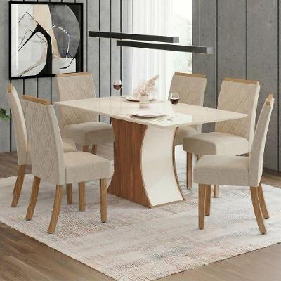 Conjunto Sala de Jantar Layla Supreme 6 Lugares Tampo MDF Cadeiras Estofadas Off White 160CM Casa
