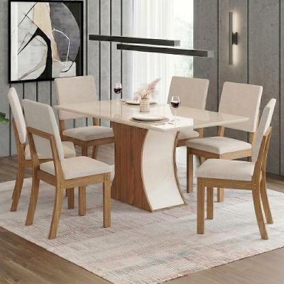 Conjunto Sala de Jantar Layla Trend 6 Lugares Tampo MDF com Vidro Cadeiras Estofadas Off White 160CM