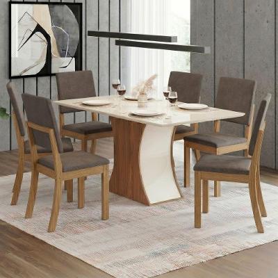 Conjunto Sala de Jantar Layla Trend 6 Lugares Tampo MDF Cadeiras Suede Amêndoa 160CM Casa 812