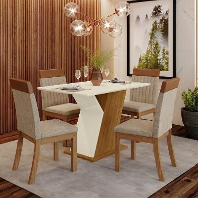 Conjunto Sala de Jantar Lay Nature-off Wh-corano 4 Lugares Tampo MDF Cadeiras em Veludo Caramelo